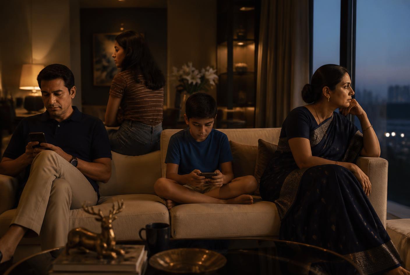 An Indian family sitting together in their living room, each quietly absorbed in something else