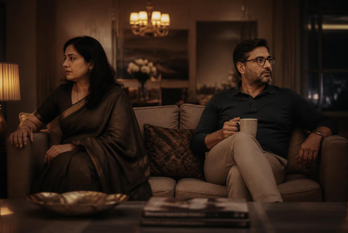 An Indian husband and wife sitting at opposite ends of a sofa at night, quietly apart