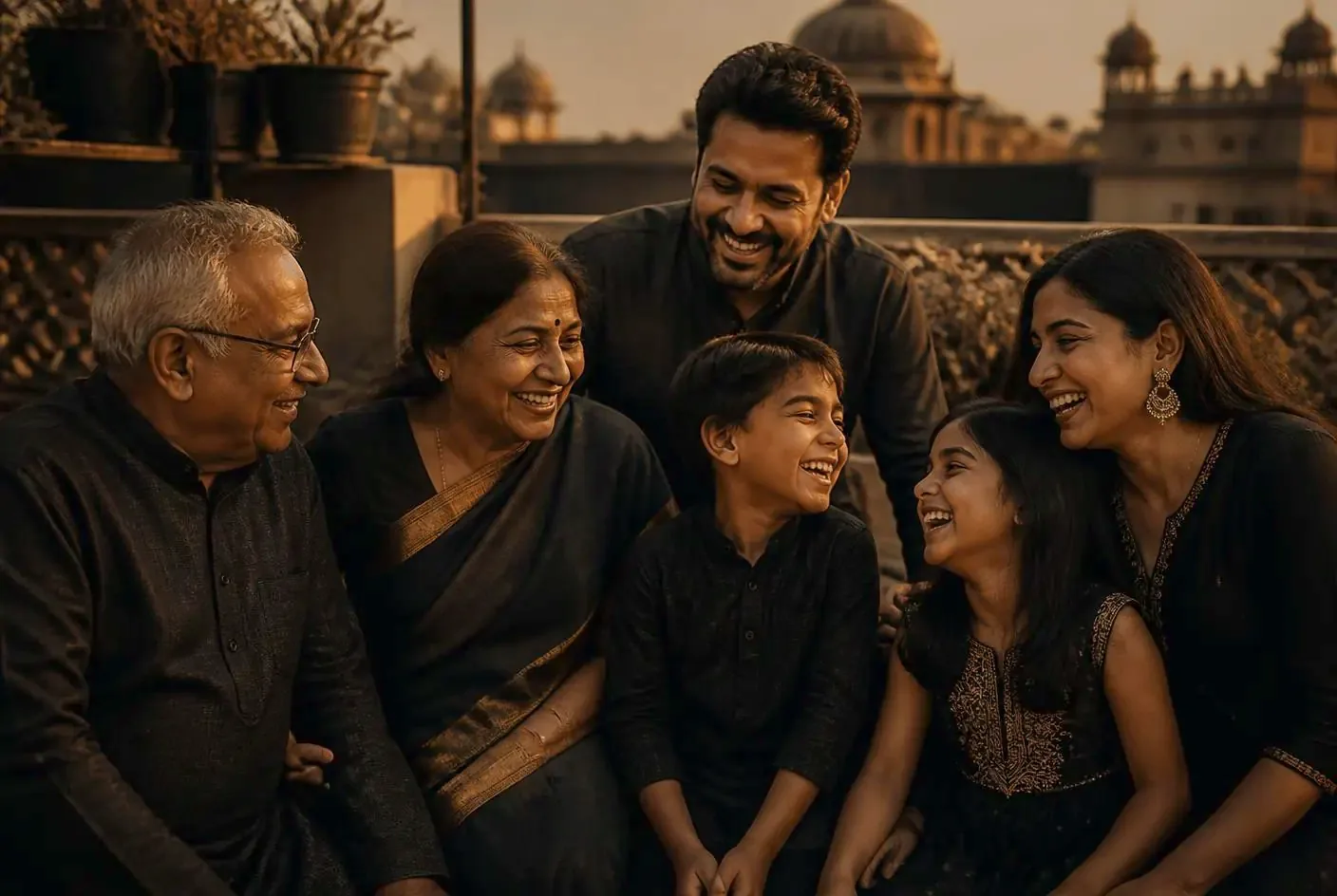 Three generations of an Indian family laughing together on a terrace at golden hour