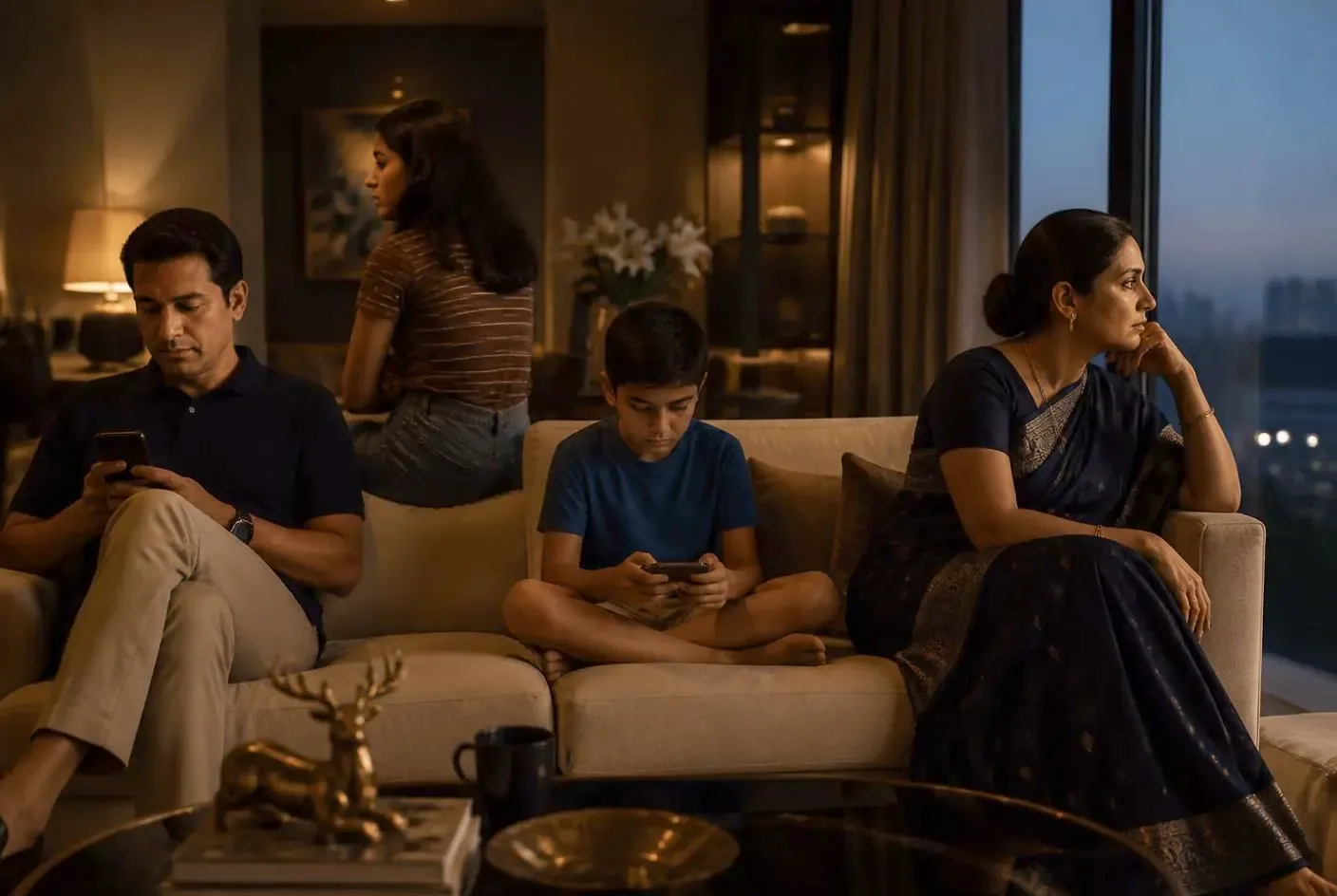 An Indian family sitting together in their living room, each quietly absorbed in something else