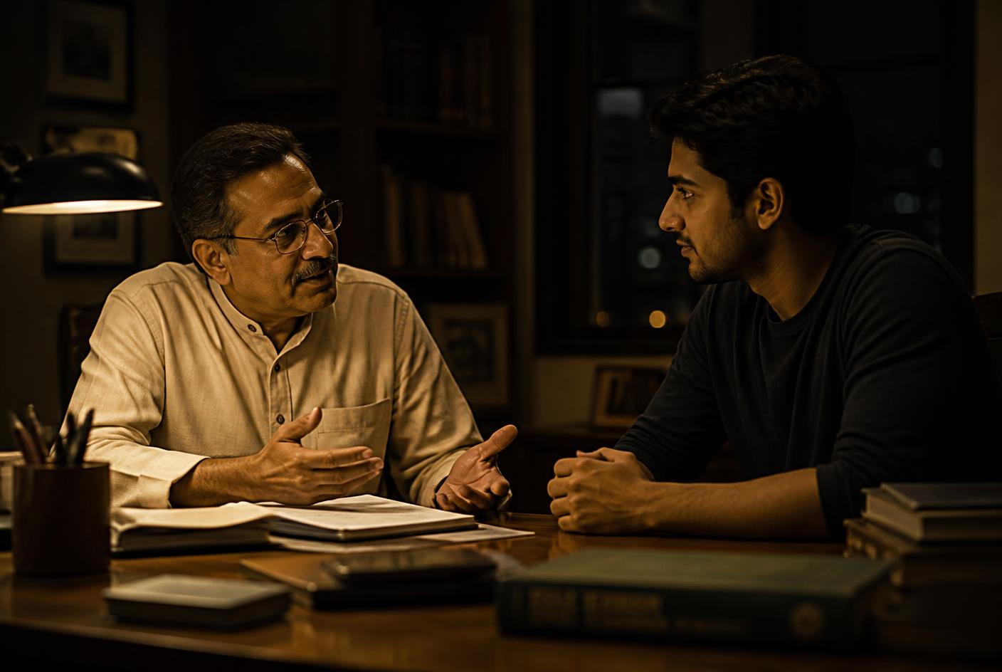An Indian father and his adult son in an honest conversation across a desk at night