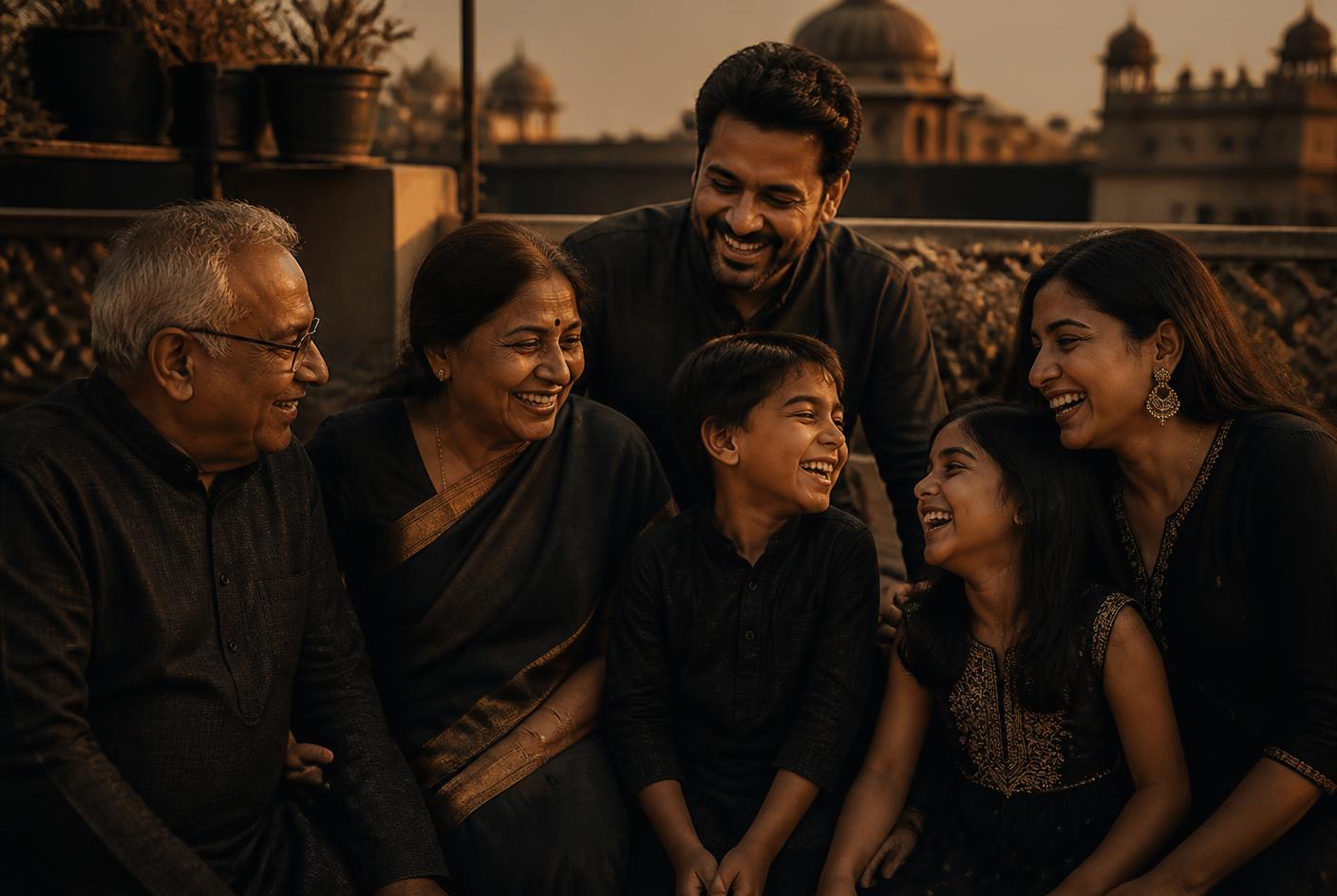 Three generations of an Indian family laughing together on a terrace at golden hour